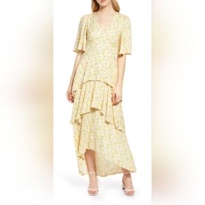 Fourteenth Place Floral Tiered Flowy High-Low Maxi Dress Pink Yellow Cottagecore